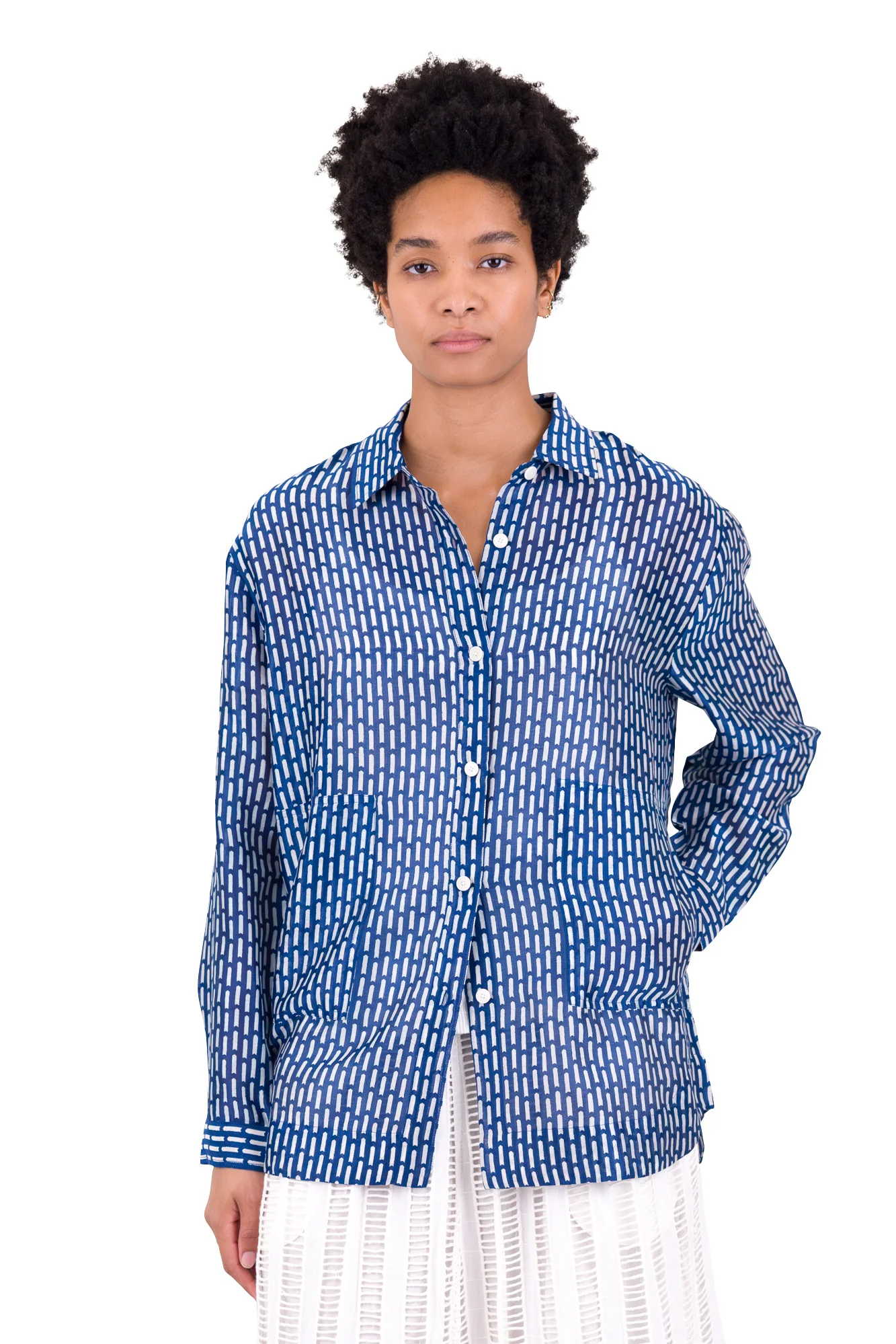 Boyfriend Shirt - Cobalt Ecru Dash Print - Image 7