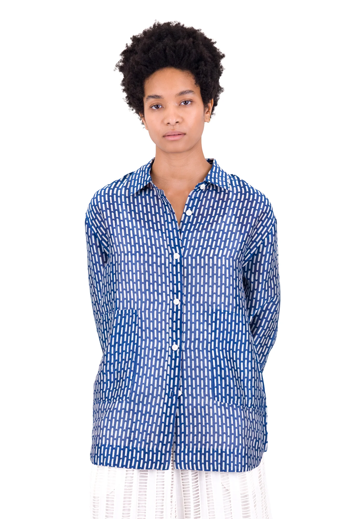 Boyfriend Shirt - Cobalt Ecru Dash Print - Image 9