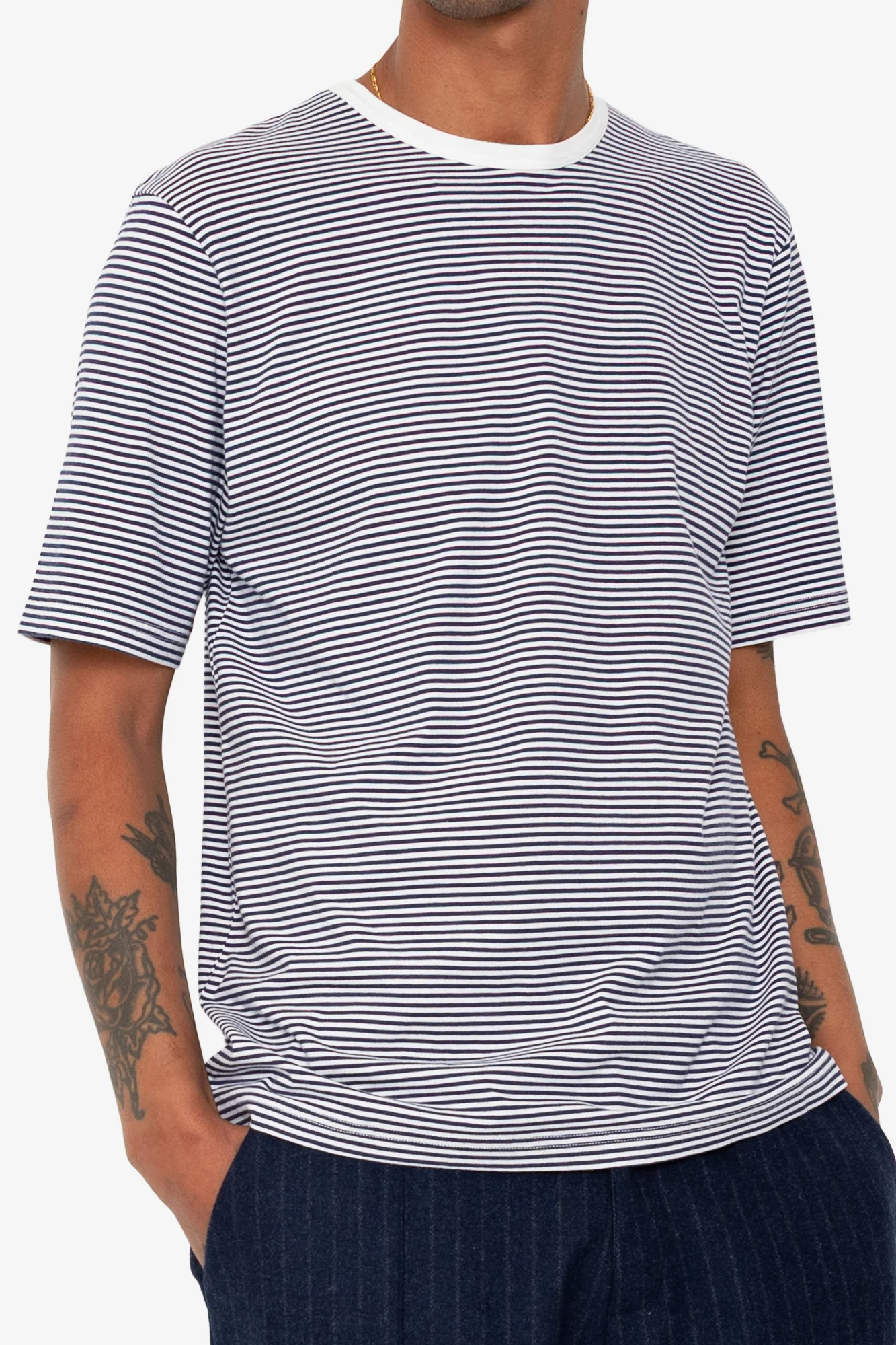 1x1 Striped T-Shirt - Bright Navy / Ecru - Image 7