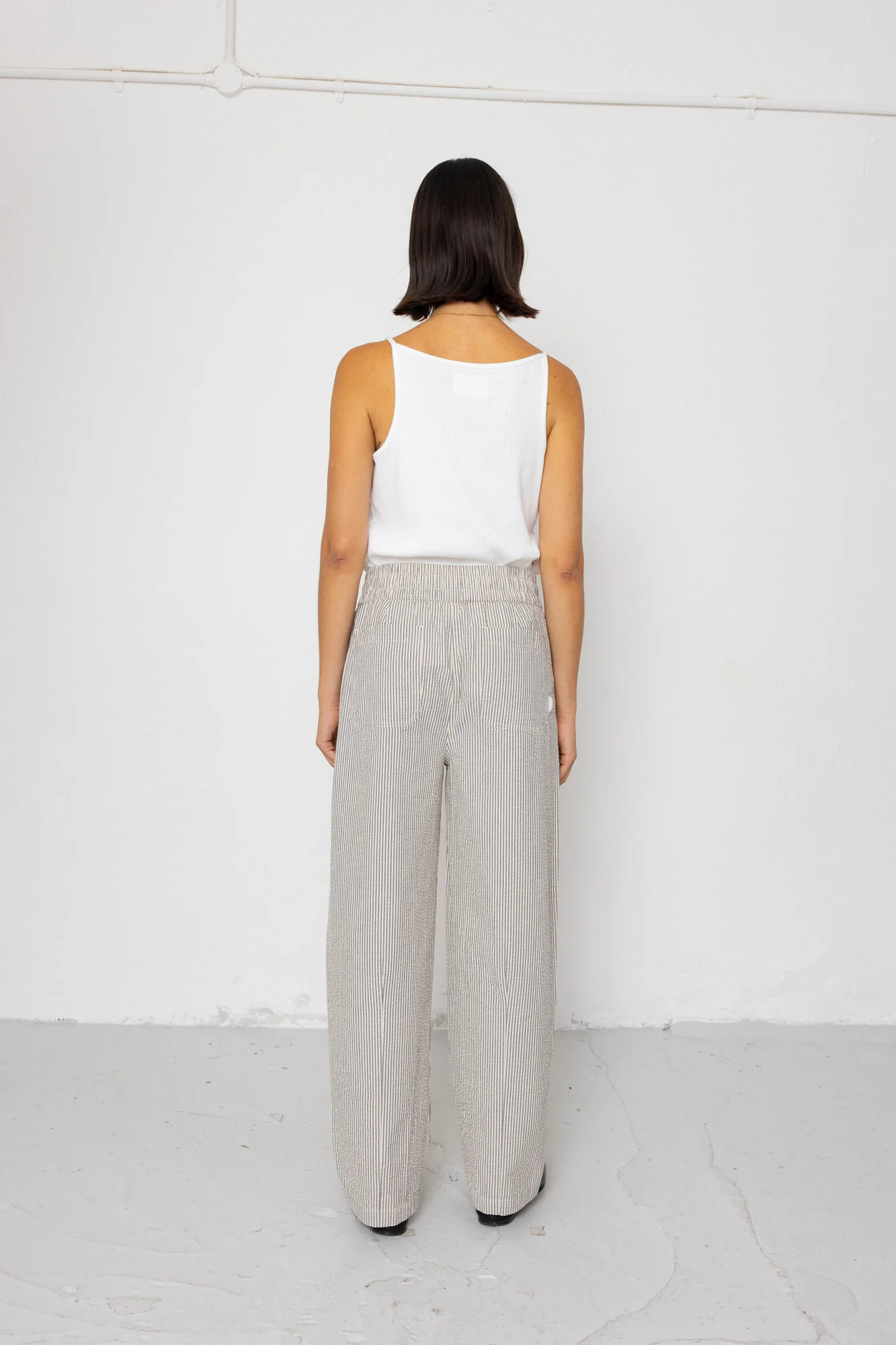 Drawcord Baggy Pants - Ecru Grey Stripe Seersucker - Image 6