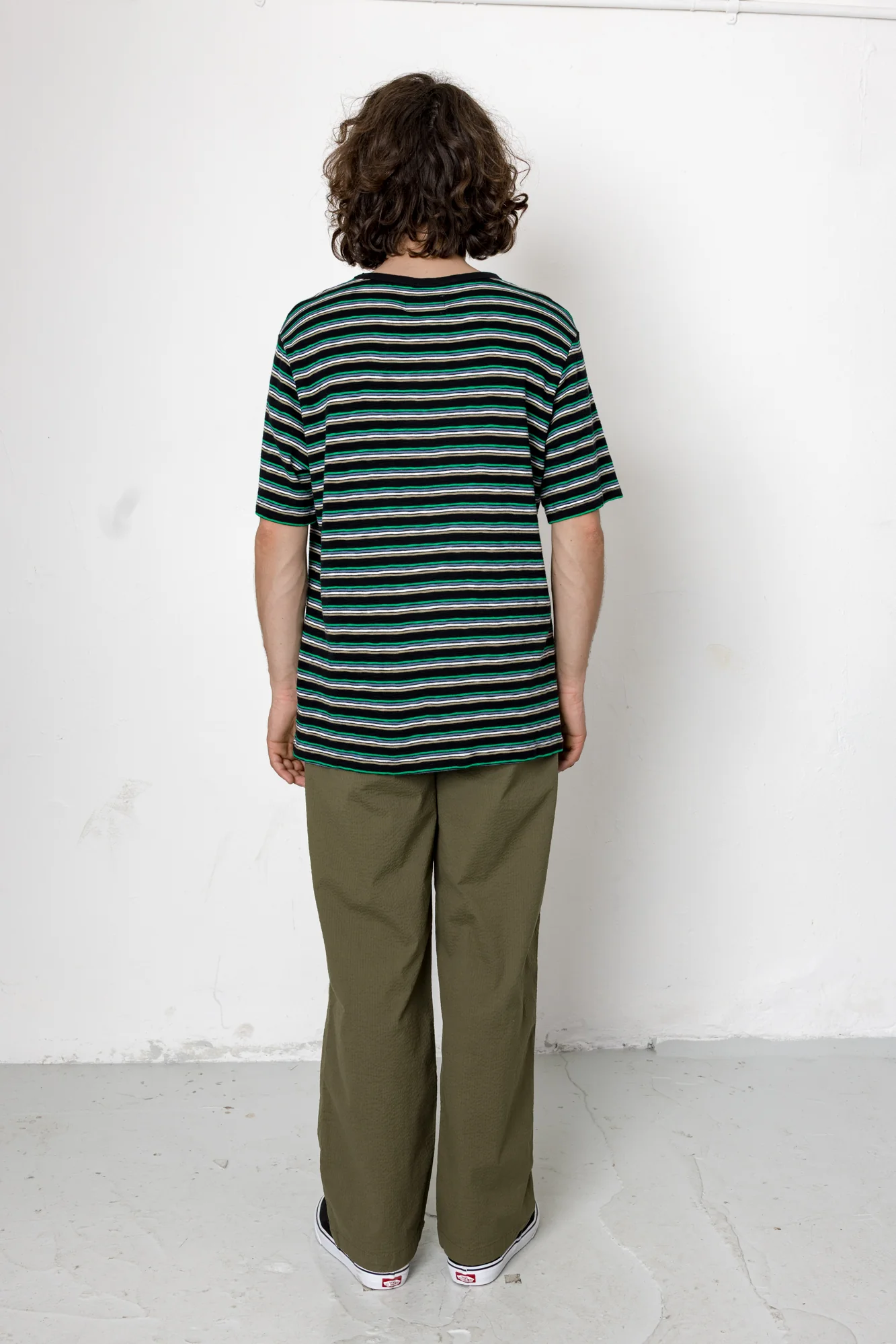 Drawcord Loose Trousers - Dark Olive Seersucker - Image 5