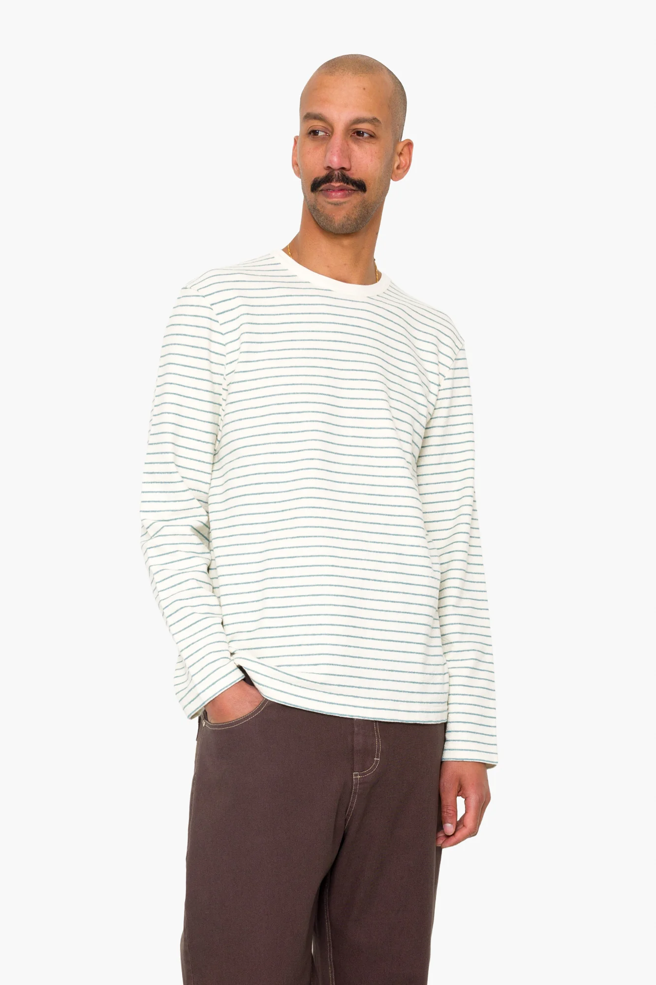 Long Sleeve Textured Stripe T-Shirt - Ecru / Misty Green - Image 6