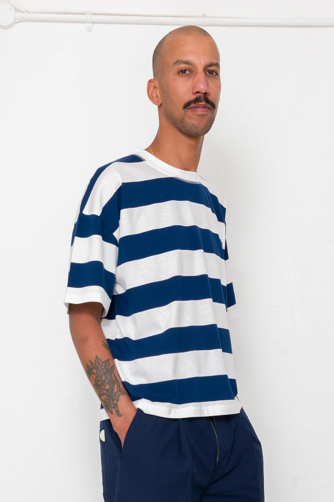 Oversized Striped T-Shirt - Off White / Indigo Blue - Image 3