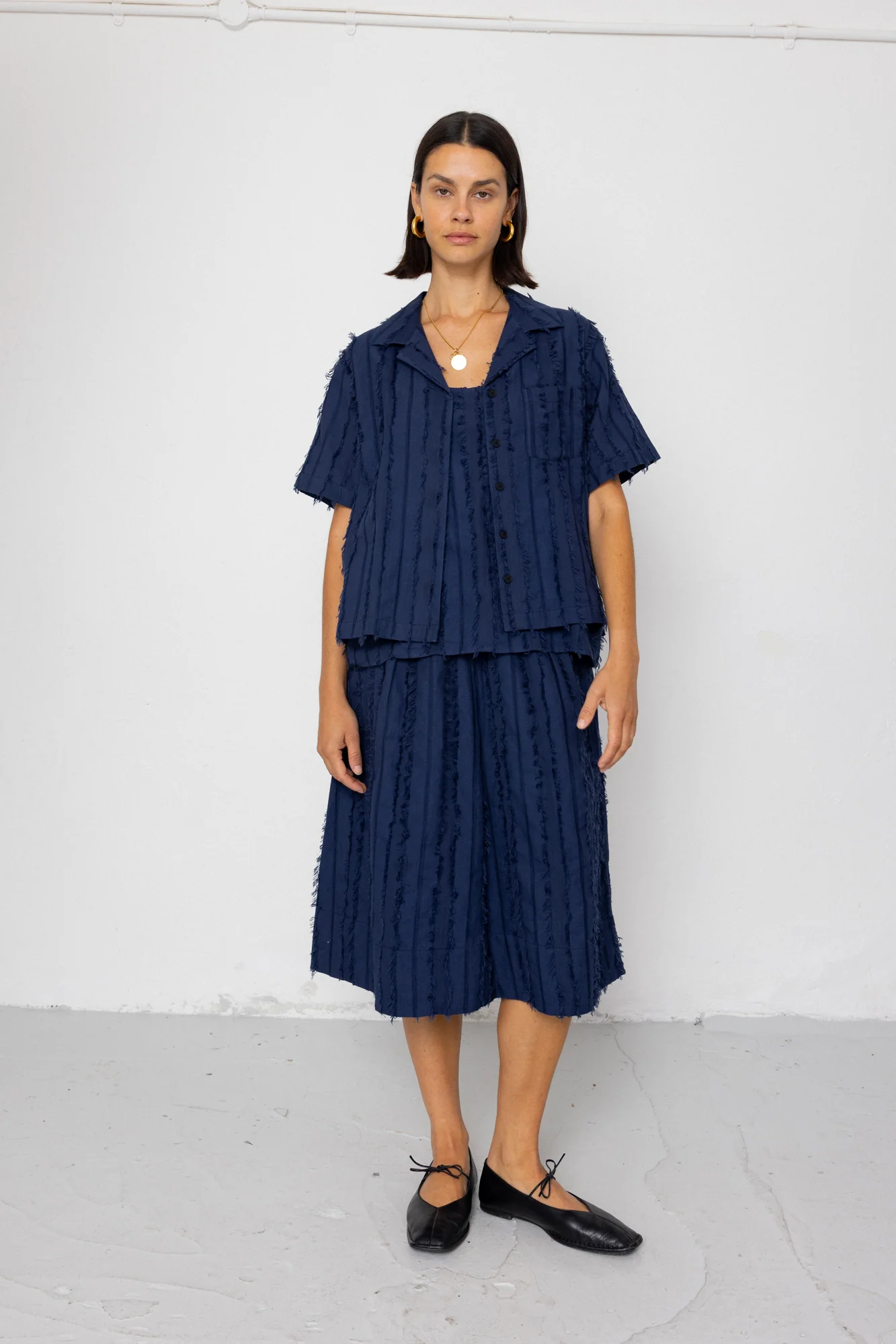 Short Sleeve Soft Collar Shirt - Dark Navy Cutwork Stripe - Image 3