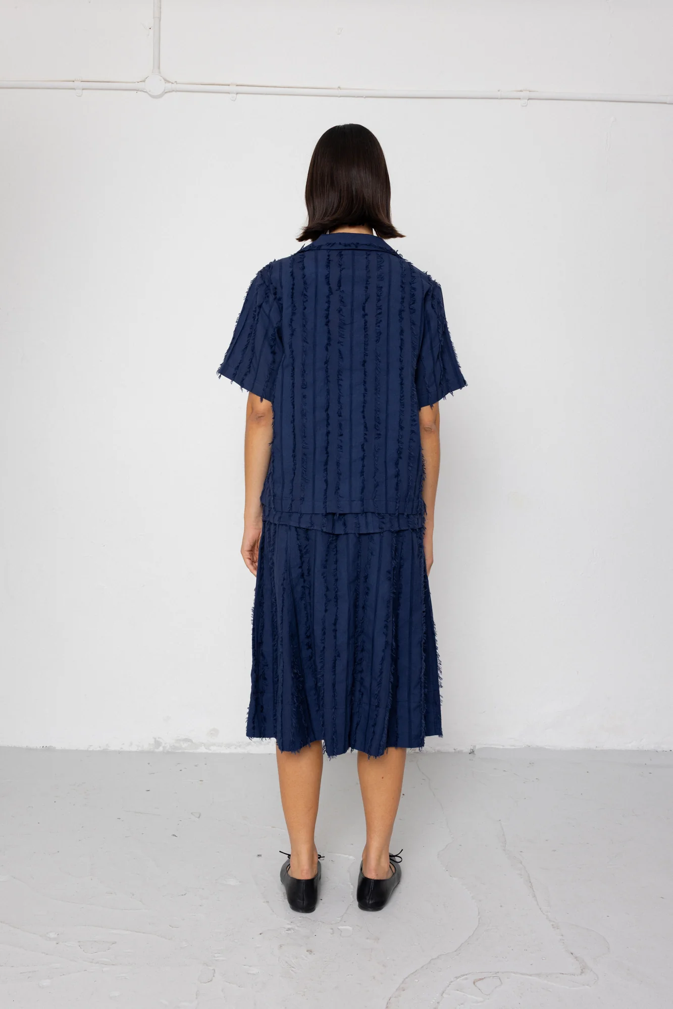 Short Sleeve Soft Collar Shirt - Dark Navy Cutwork Stripe - Image 5