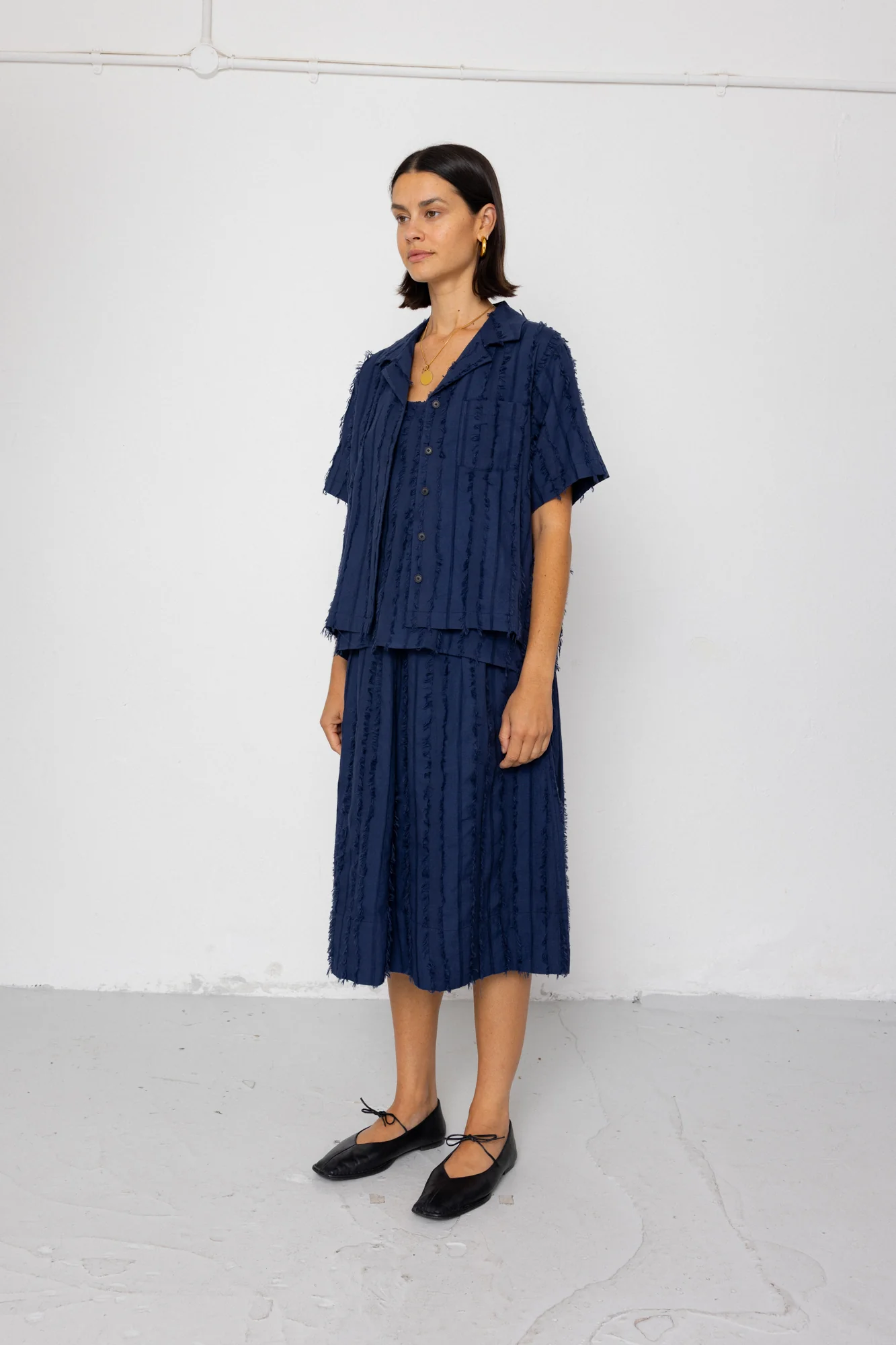 Short Sleeve Soft Collar Shirt - Dark Navy Cutwork Stripe - Image 8