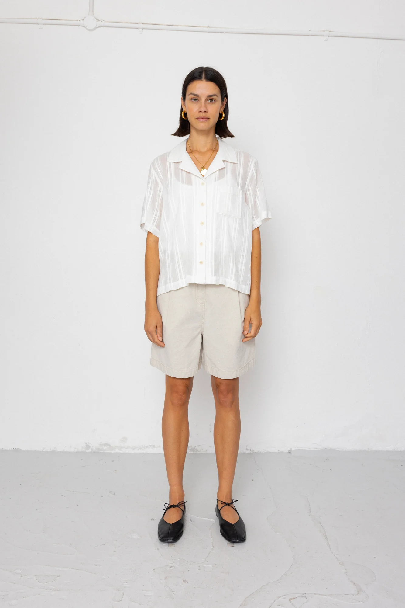 Short Sleeve Soft Collar Shirt - Off White Dobby Stripe - Image 3
