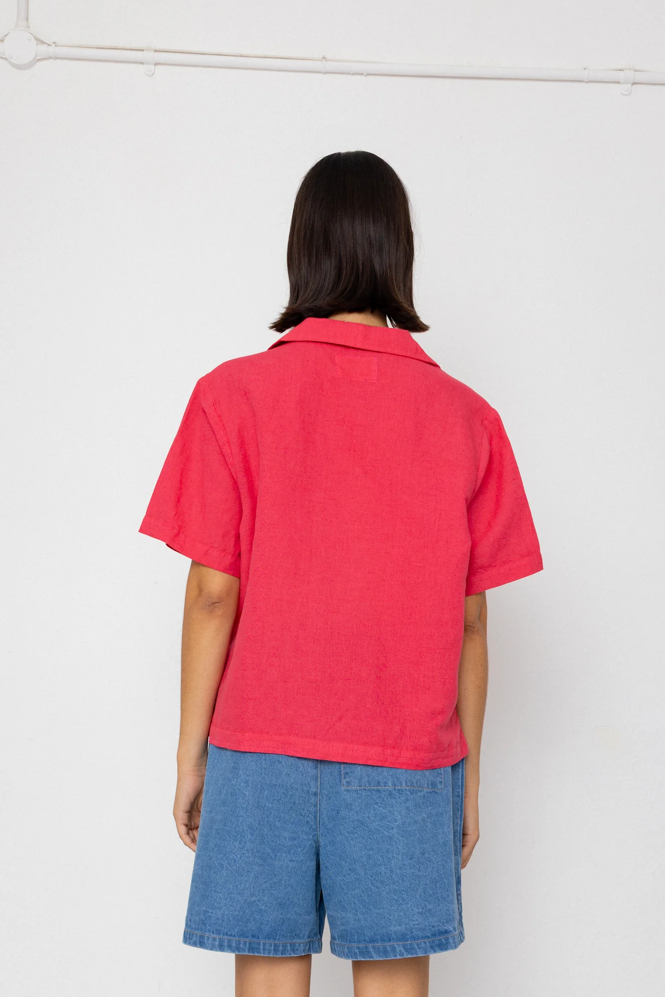 Short Sleeve Soft Collar Shirt - Rose Red - Image 5