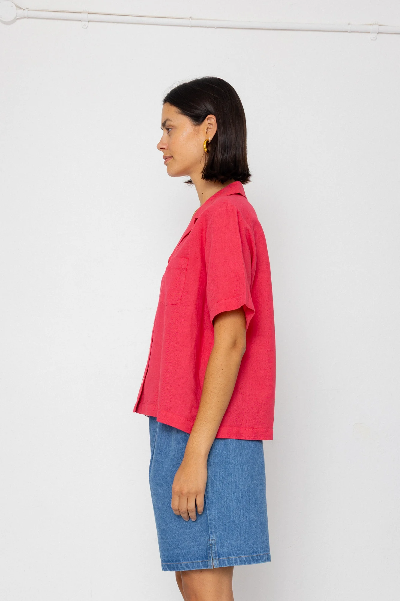 Short Sleeve Soft Collar Shirt - Rose Red - Image 6