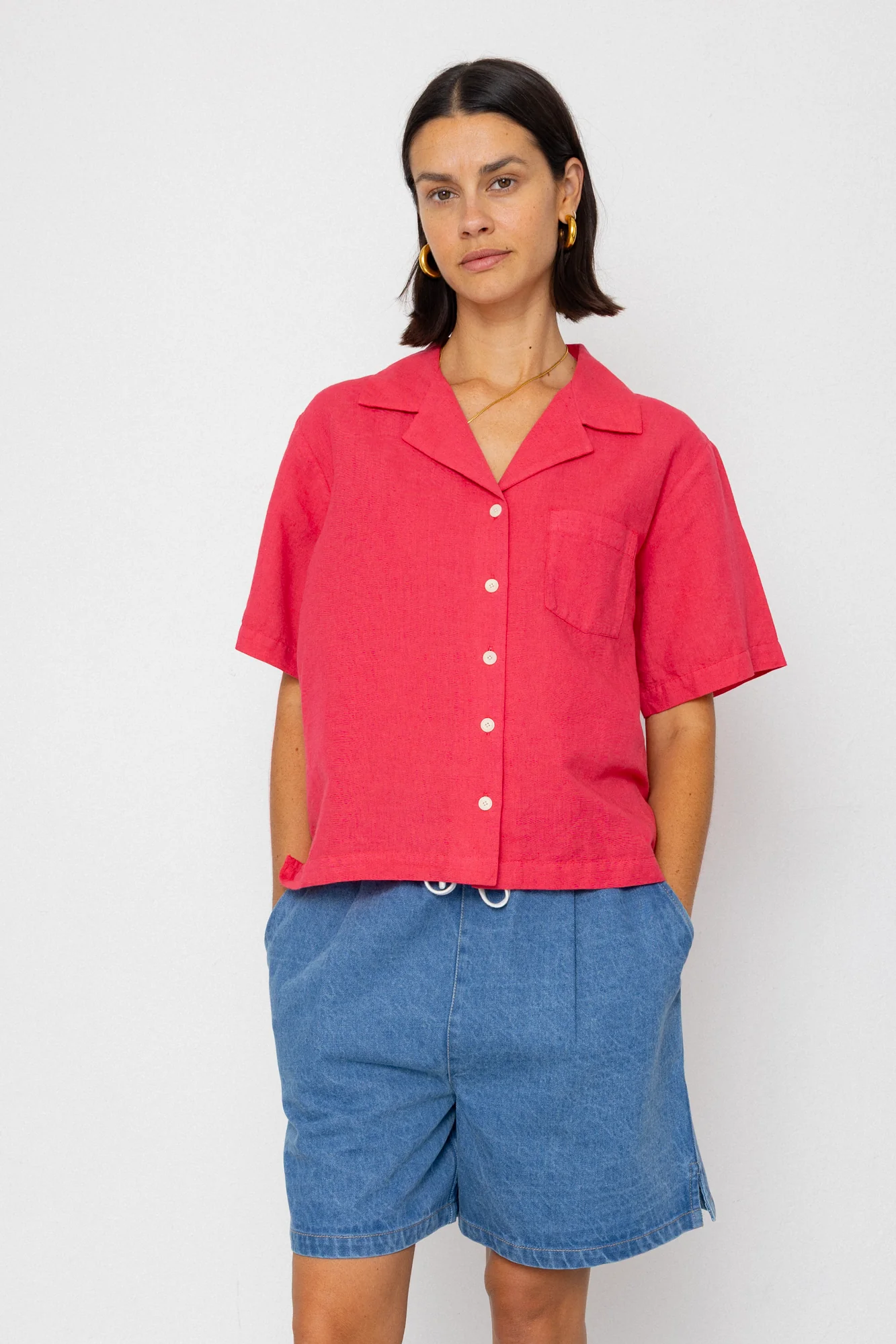 Short Sleeve Soft Collar Shirt - Rose Red - Image 7