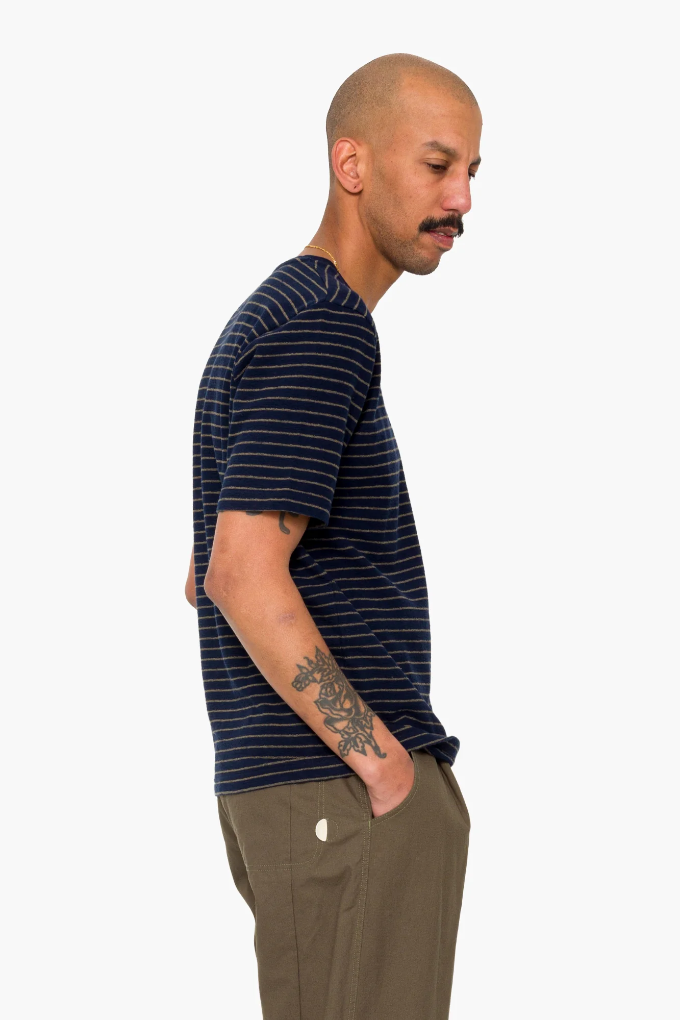 Short Sleeve Textured Stripe T-Shirt - Navy / Olive - Image 6