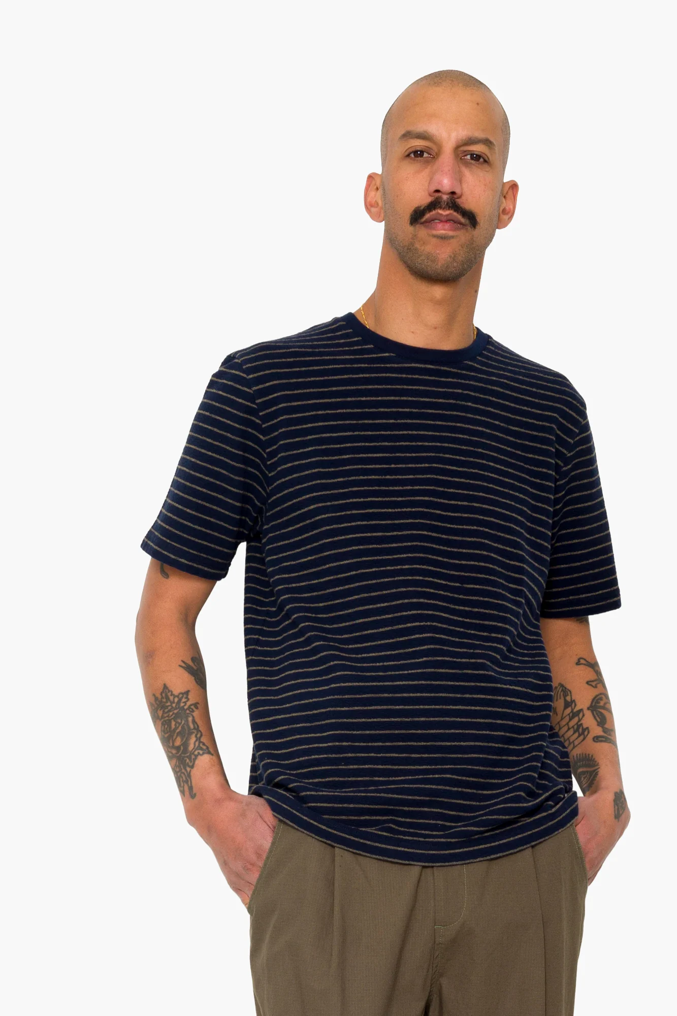 Short Sleeve Textured Stripe T-Shirt - Navy / Olive - Image 7