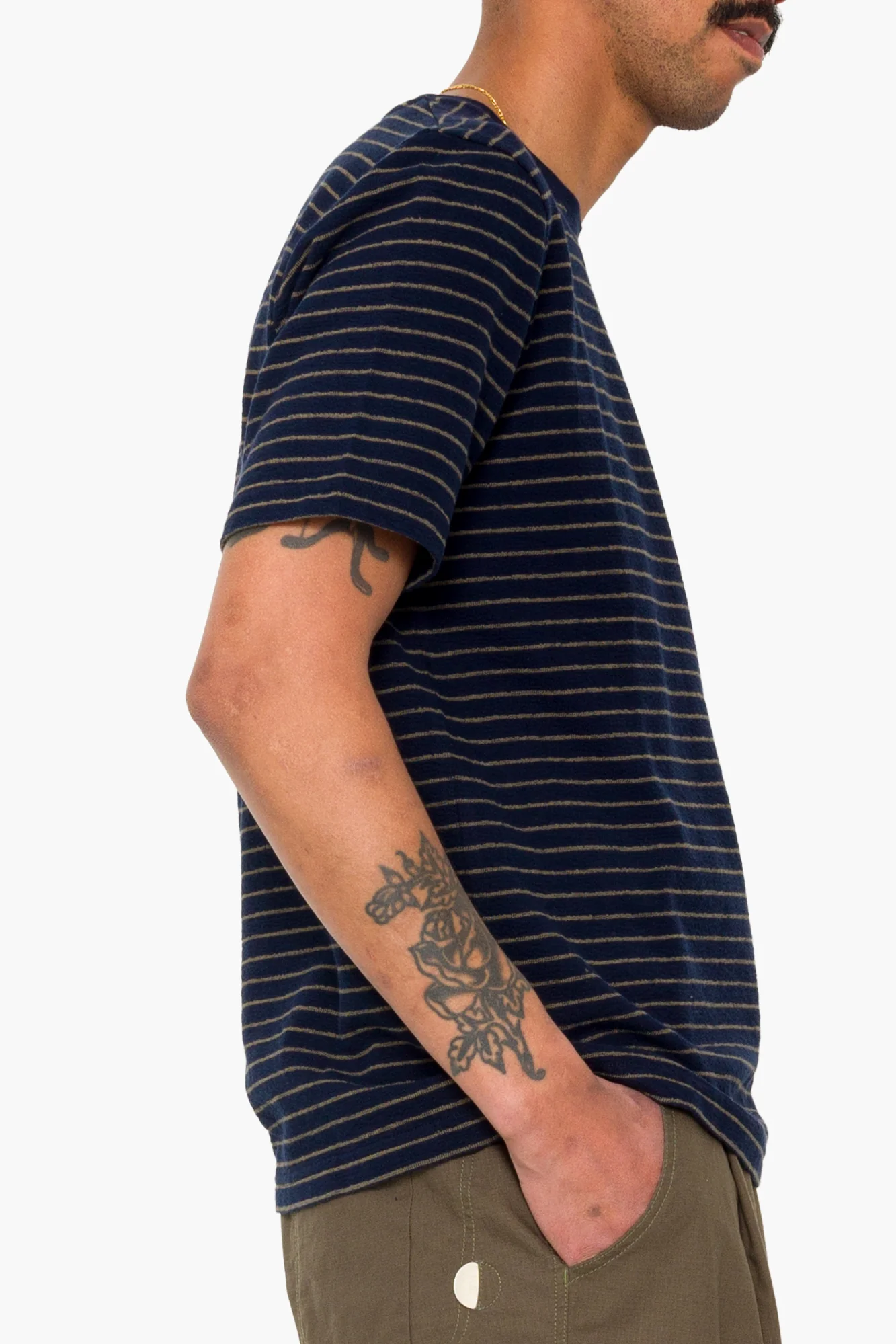 Short Sleeve Textured Stripe T-Shirt - Navy / Olive - Image 9