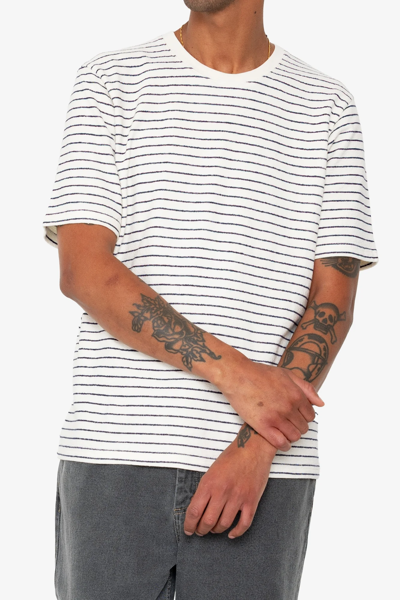 Short Sleeve Textured Striped T-Shirt - Ecru Navy - Image 7