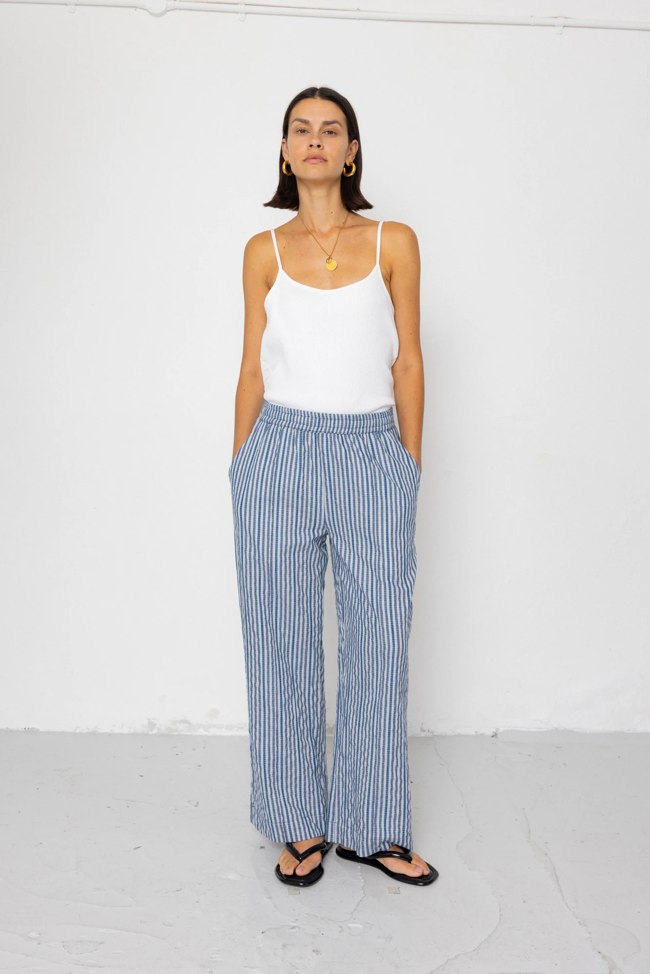 Wide Fit Trousers - Indigo Crinkle Mini Check - Image 8