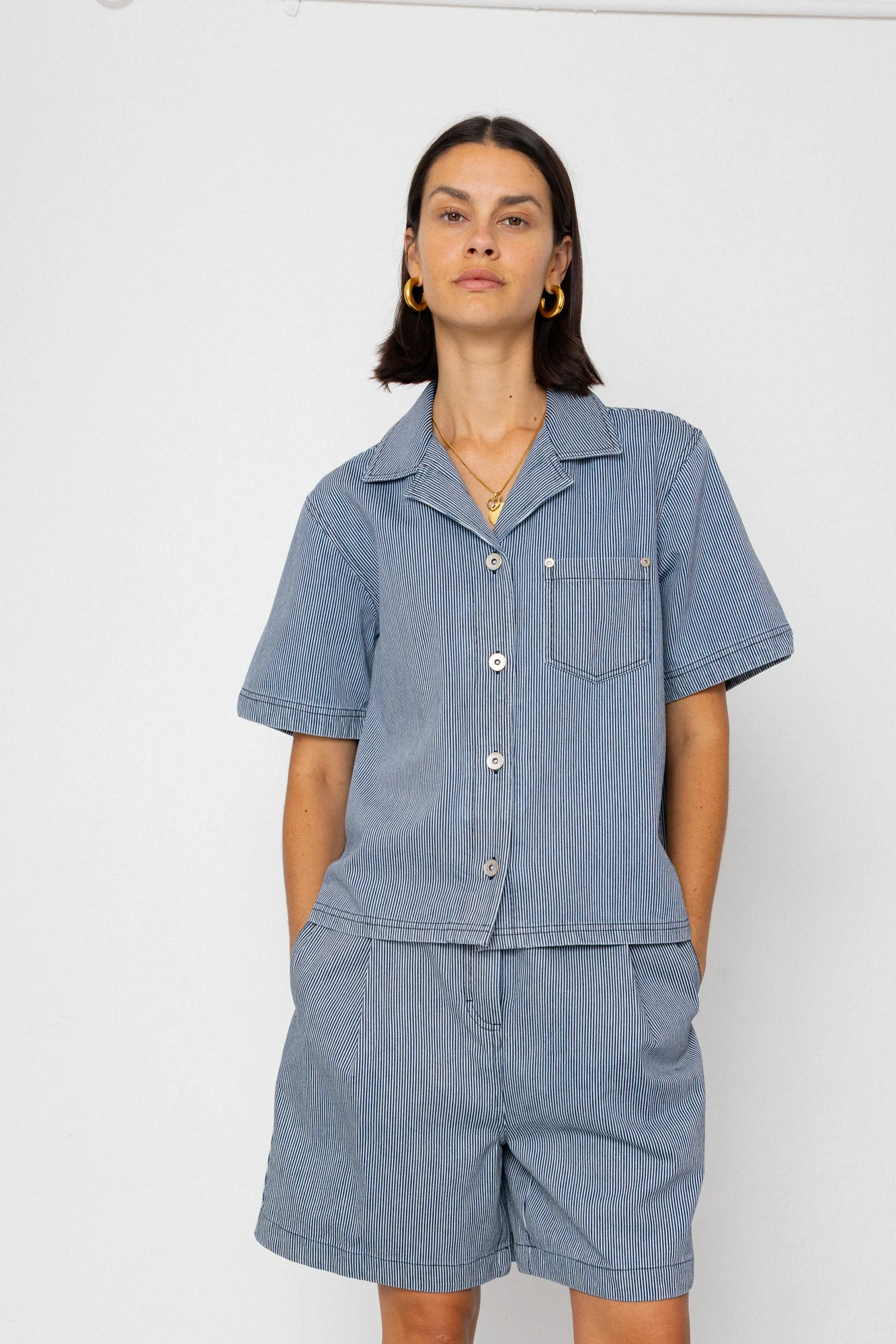 Workers Short Sleeve Shirt - Indigo Ticking Stripe - Image 7