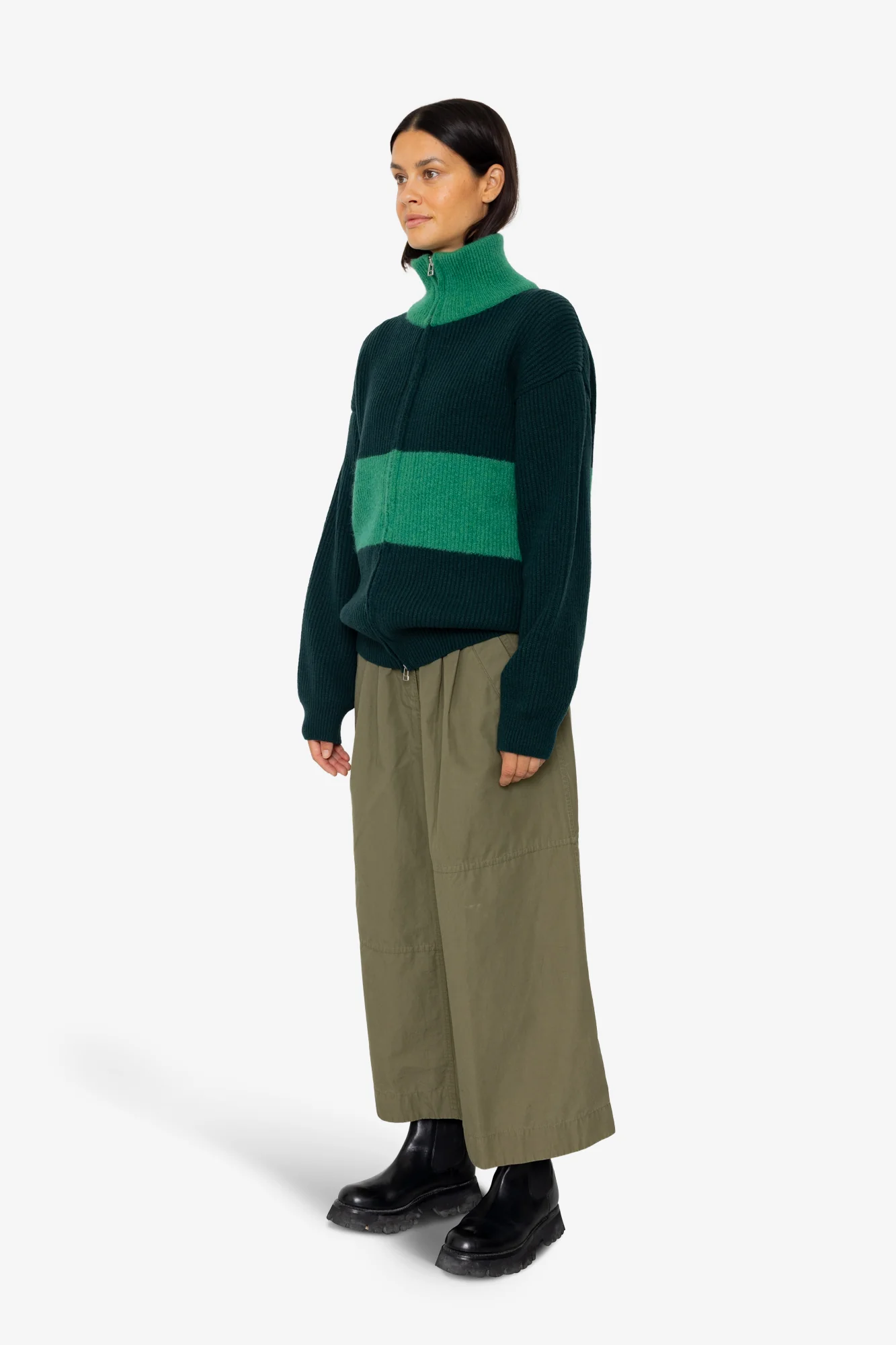Zip Through Jumper - Dark Green Bright Green - Image 3