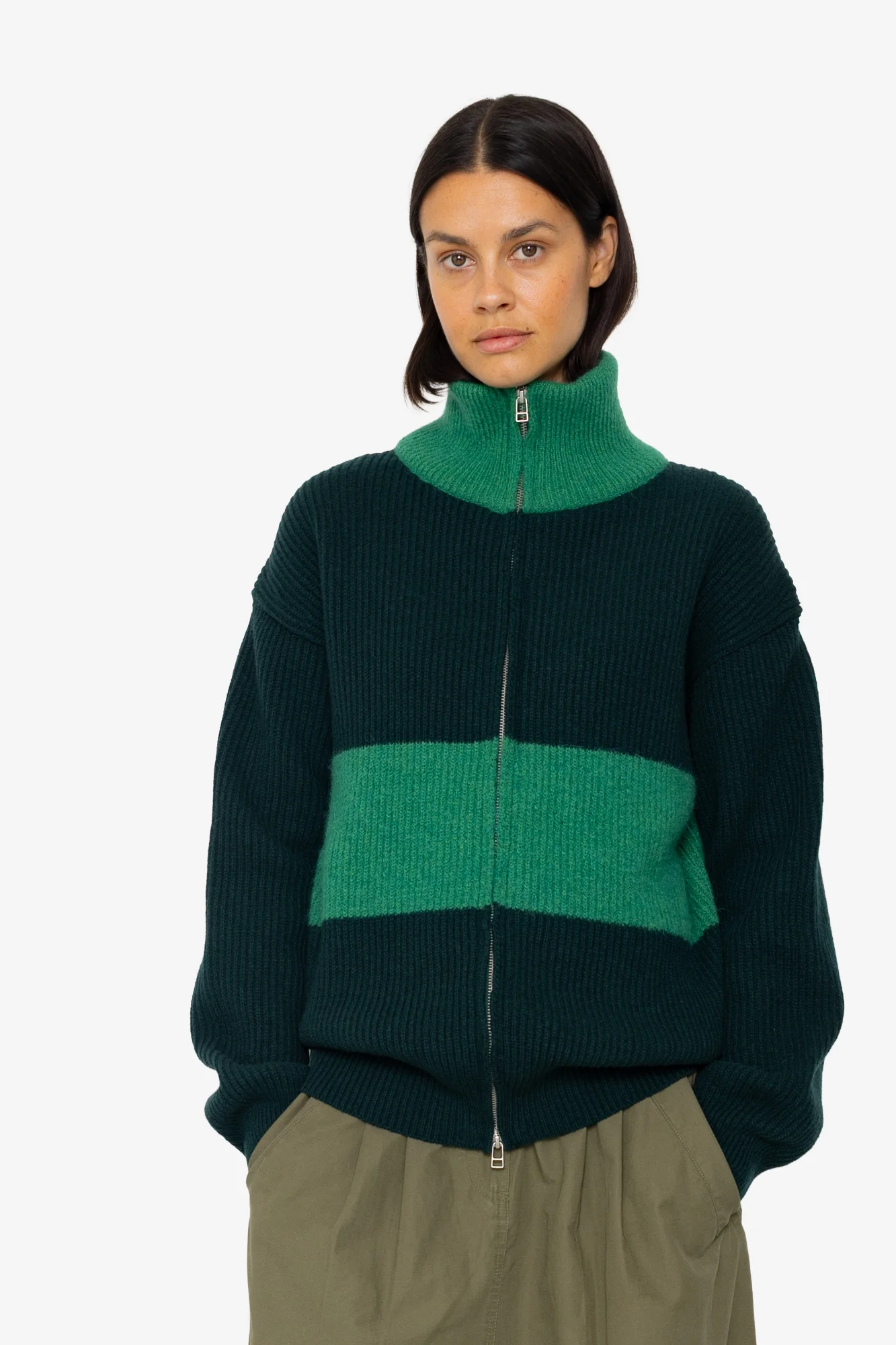 Zip Through Jumper - Dark Green Bright Green - Image 7