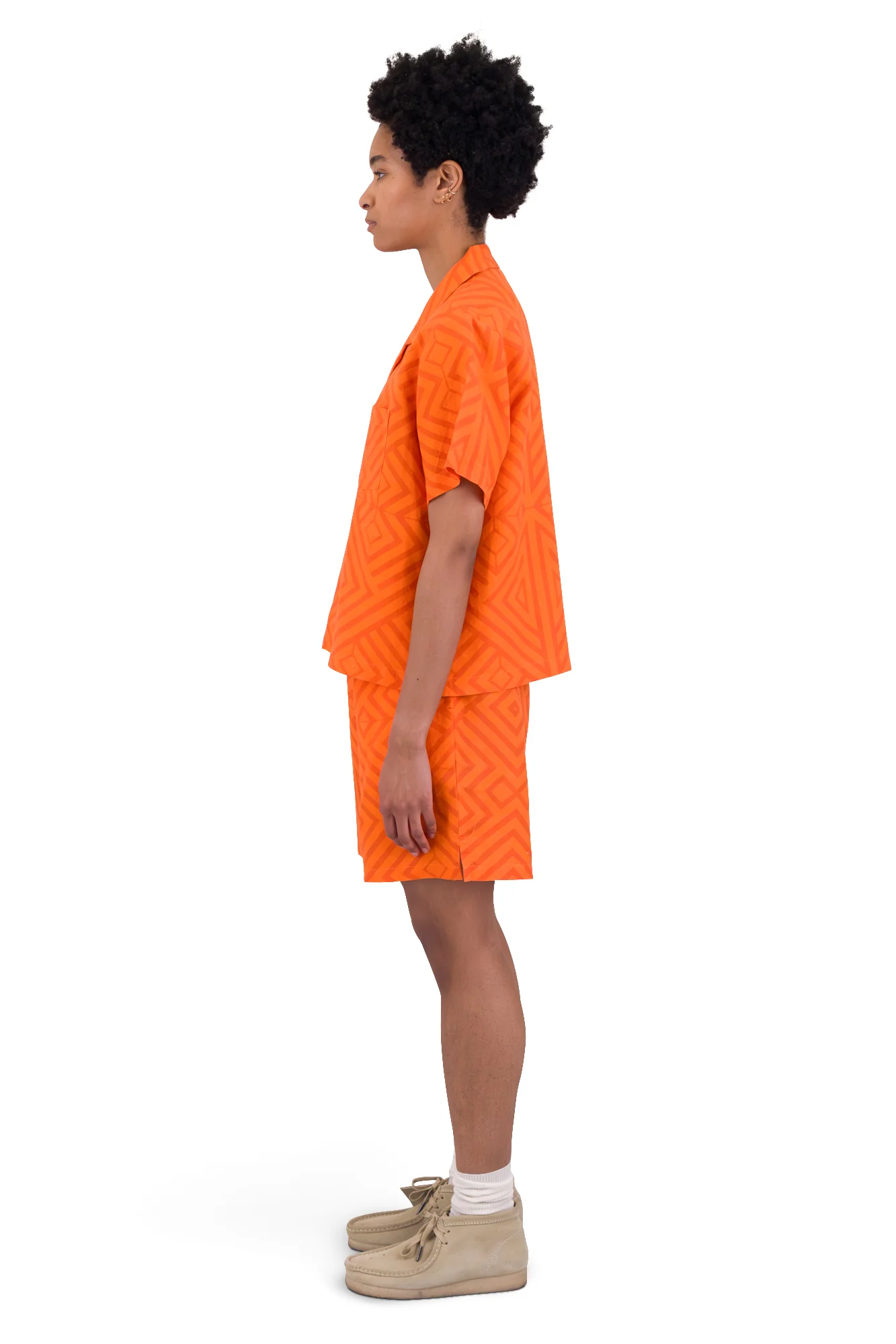 Short Sleeve Soft Collar Shirt - Orange Diamond Print - Image 3