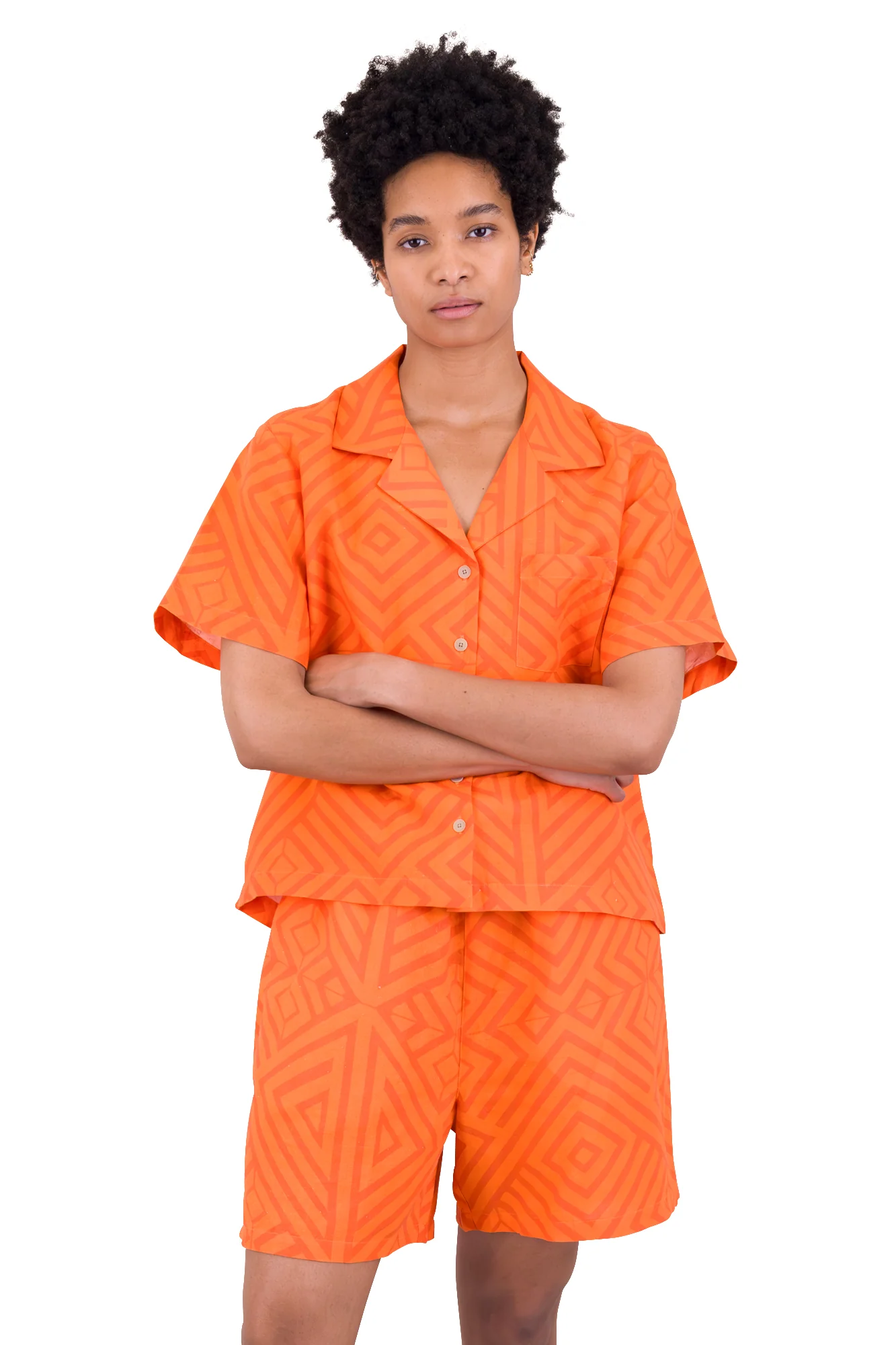 Short Sleeve Soft Collar Shirt - Orange Diamond Print - Image 6
