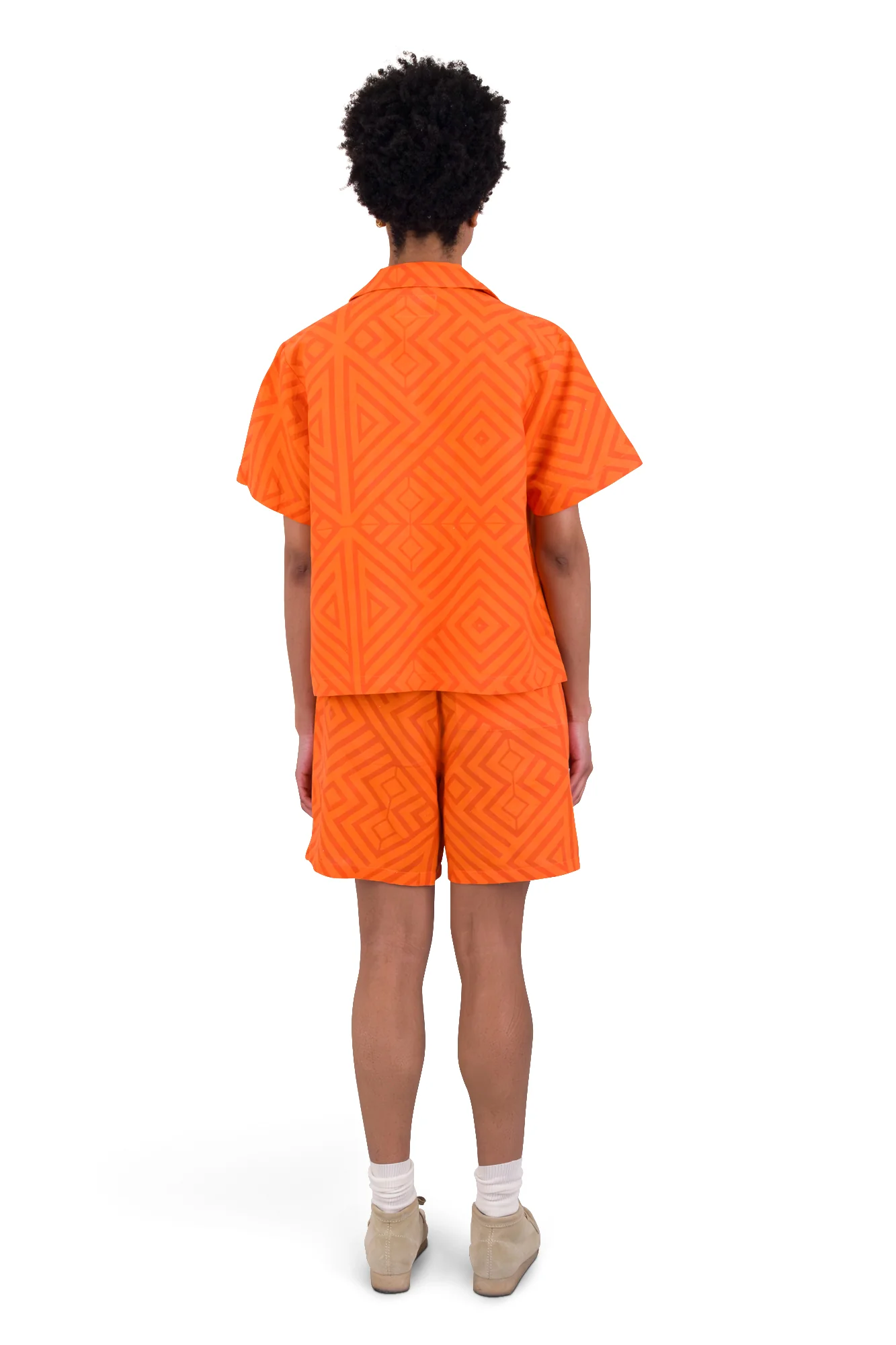 Short Sleeve Soft Collar Shirt - Orange Diamond Print - Image 7